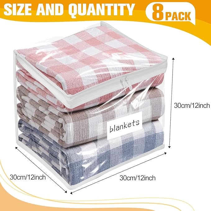 Plastic Storage Bags with Easy-Glide Zipper, Pack of 8, Durable Clear Vinyl Zippered Storage Bags for Clothes Sweaters Comforters Blankets Sheets Bedding (12 x 12 x 12 Inch)