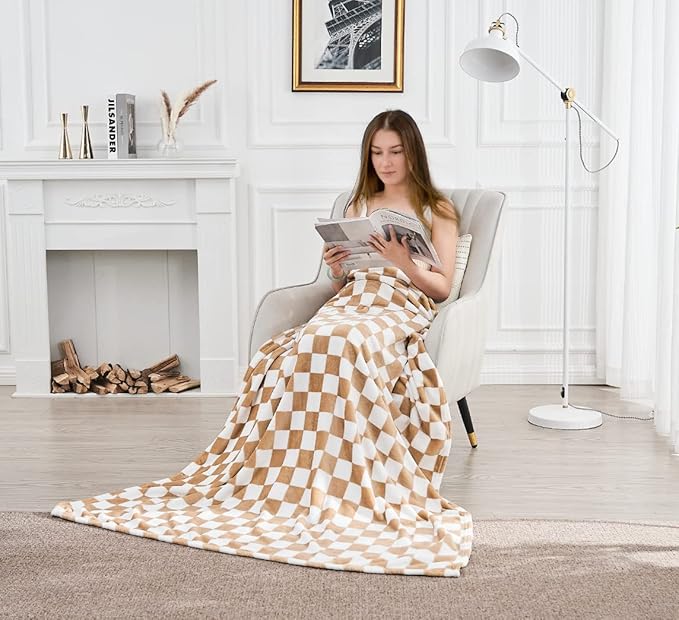 Checkered Blanket Flannel Throw Blankets Soft Cozy Checkered Grid Print Chessboard Gingham Pattern Throws for Bed Sofa Couch for All Seasons, 60x80 Inch, Blonde