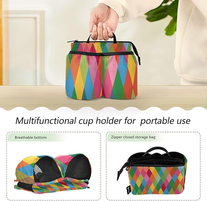 Luggage Cup Holder for Suitcases Free Hands Travel Cup Holder Portable Suitcase Cup Drink Holder Luggage Cup Caddy Bag Carrier Pink Green Argyle