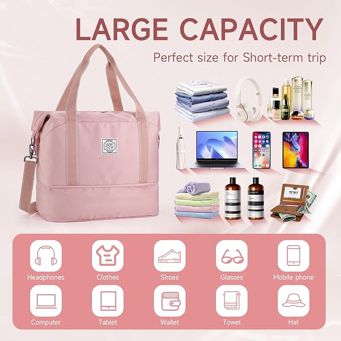WALNEW Travel Duffel Bag, Weekender Overnight Carry On Bag for Women Men, Foldable Waterproof Gym Luggage Duffle Bag with Metal Buckle Detachable Shoulder Strap and Wet Compartment (Pink)