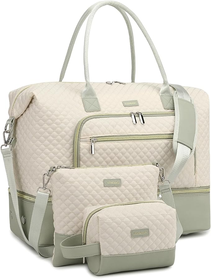 Weekender Bags for Women, Travel Duffle Bag Carry On Overnight Bag with Cosmetics Bag and Crossbody Purse for Gym Hospital, Gifts for Women, Beige Green