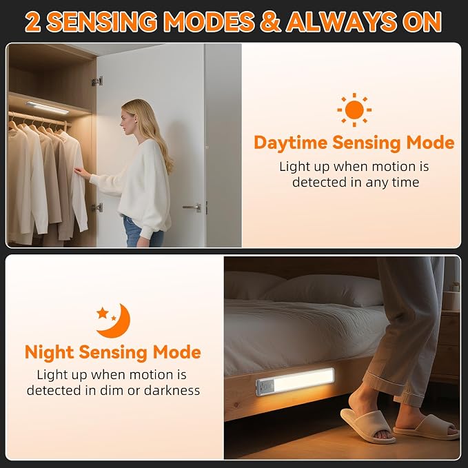 Under Cabinet Lighting Wireless, 10inch Motion Sensor Light Indoor, 3Pack | Rechargeable, 3 Color Temps, Dimmable, Power Display, LED Closet Light Magnetic, Under Counter Lights for Kitchen Shelf Home