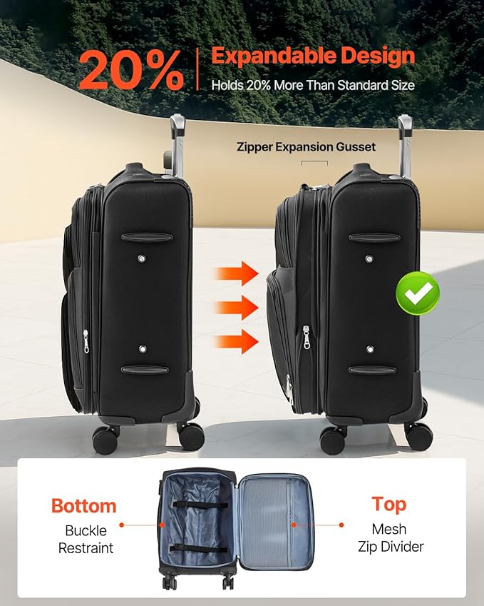 VEVOR Softside Expandable Luggage with Spinner Wheels, 20-Inch Softside Carry on Luggage, Lightweight Checked Suitcase with Expandable Zippered Pocket and TSA Lock, Black