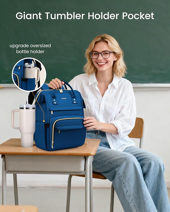 LOVEVOOK Laptop Backpack for Women with Giant Tumbler Holder Pocket,15.6 inch Waterproof Travel Backpack Purse Computer Laptop Bag,Professional Work College Nurse Teacher Backpack Daypack,Royal Blue