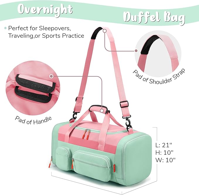 WOOMADA Kids Duffle Bag for Boys or Girls,Weekender Overnight Bag with Shoe Compartment & Wet Pocket Perfect For School, Sports, Overnight Trips(Pink Green)