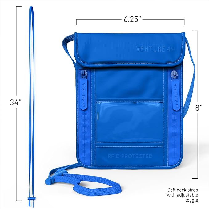 VENTURE 4TH Neck Wallet for Women & Men – RFID Blocking Passport Holder for Travel, Hidden Neck Pouch with 6 Compartments, Slim Lightweight Travel Organizer with Adjustable Strap (Sleek Blue)