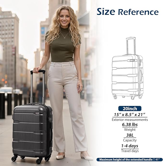 Coolife Carry On Luggage 22x14x9 Airline Approved Hardside PC+ABS Suitcase with TSA Lock, Lightweight Rolling Travel Luggage with Spinner Wheels(Charcoal, 20in)