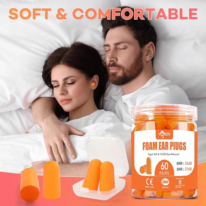 VOISEN 60 Pairs Foam Ear Plugs, Ear Plugs for Sleeping Noise Cancelling, 32dB NRR, 37dB SNR Earplugs for Sleeping, Snoring, Studying, Loud Events, Traveling & Concerts, A Storage Box, Orange