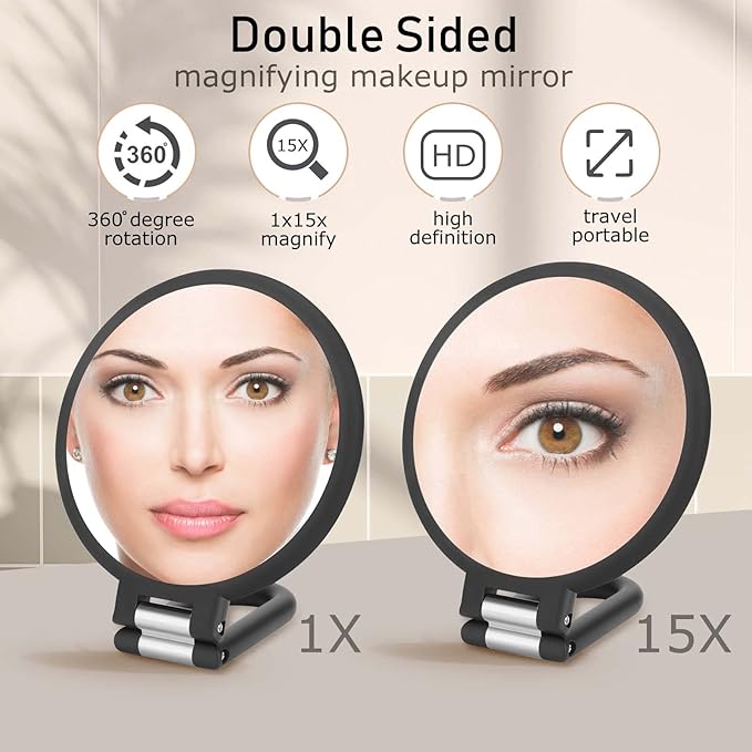 CLSEVXY Magnifying Handheld Mirror Double Sided, 1X 15X Magnification Hand Mirrors, Travel Folding Hand Held Mirror, 360°Rotation Pedestal Makeup Vanity Mirror