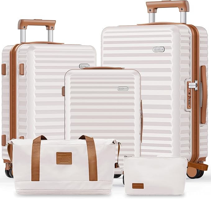SHOWKOO Luggage Sets 3 Piece Hardside Expandable Suitcase with Double Spinner Wheels Tsa Lock, (Beige White, 5 piece set)