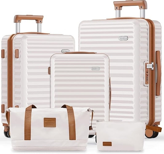SHOWKOO Luggage Sets 3 Piece Hardside Expandable Suitcase with Double Spinner Wheels Tsa Lock, (Beige White, 5 piece set)