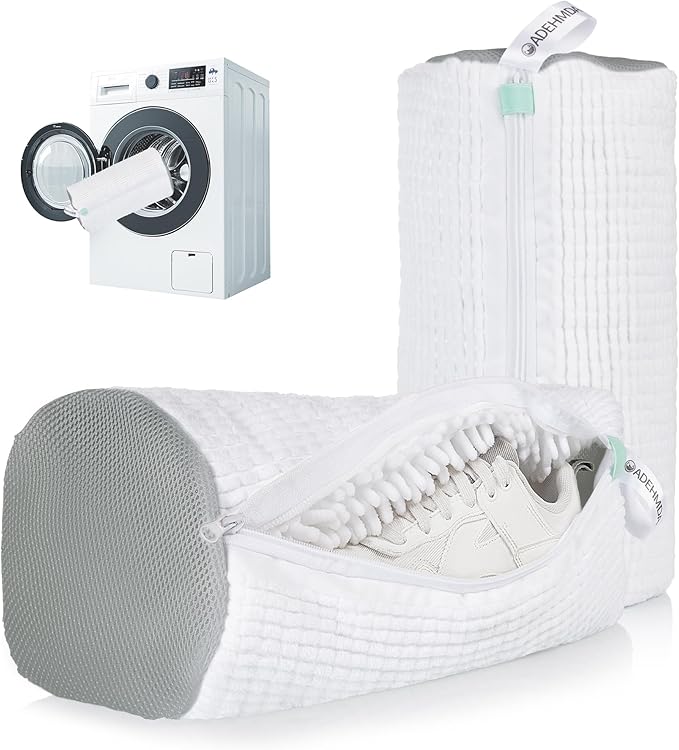 2Pcs Shoe Washing Machine Bag, Sneaker Laundry Bag for Washing Machine, Extra Long and Thick Microfibre Fluff, Reusable for Washer and Dryer (2pcs, White-gray)