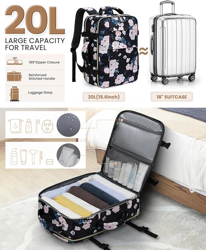 Pritent Travel Backpack for Women Man, Waterproof Personal Item Travel Bag Airline Approved Laptop Backpack Bookbag Weekender bags for Business,Travel, Work Fits 15.6 inch Laptop(Medium,Flower)