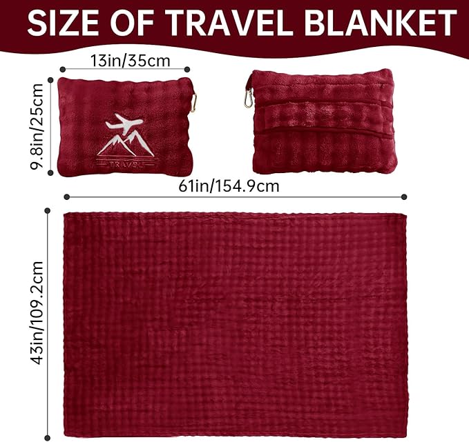 Travel Blanket and Pillow-2-in-1, Ultra-Soft&Compact,Airplane Blanket with Hand Luggage Belt and Backpack Clip,Travelers Accessories Gifts, 61x43 Inches（Burgundy）