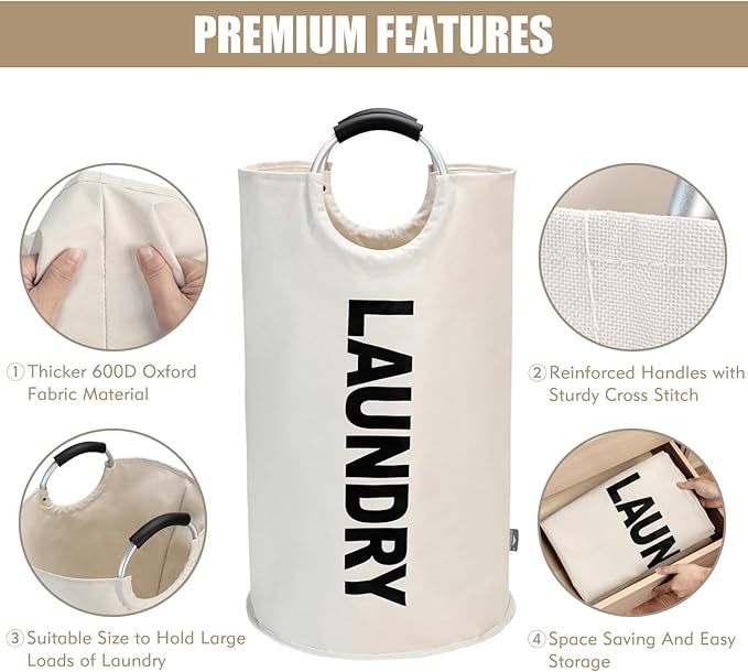 DOKEHOM 90L Large Laundry Basket, Collapsible Laundry Bag, Freestanding Tall Clothes Hamper, Foldable Washing Bin (Beige)