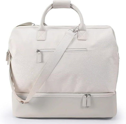 Nobl Travel Weekender Bag for Women & Men, Large Duffel Carry-On Tote with Trolley Sleeve, Separate Shoe Compartment & Laptop Pocket, Leather Overnight Bag for Airplane, Gym, Road Trips - Sand