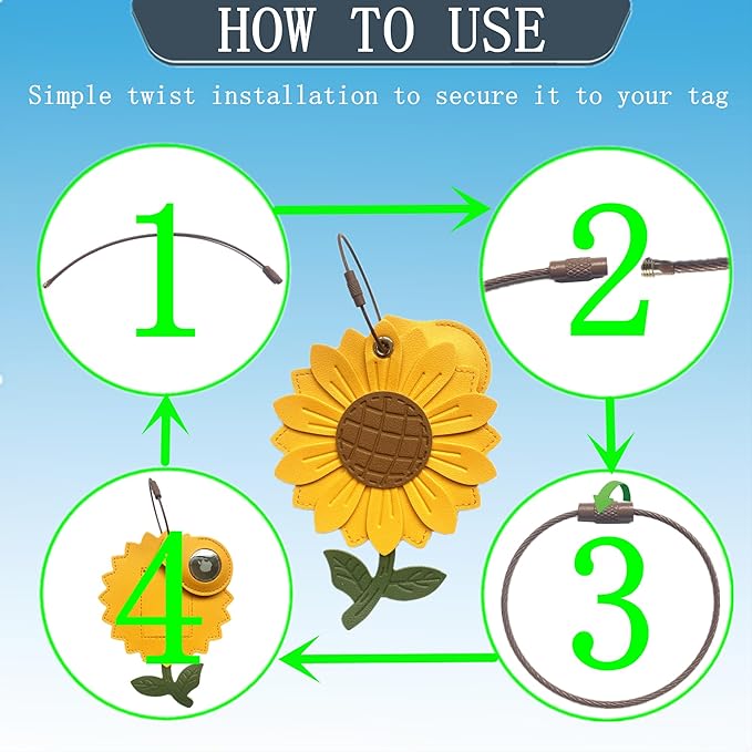 Cute Leather Luggage Tag Holder with Airtag Case Set,Hidden Compartment for AirTag Travel Suitcase Tracking Case with Stainless Steel Loop,Name ID Label(Sunflower)