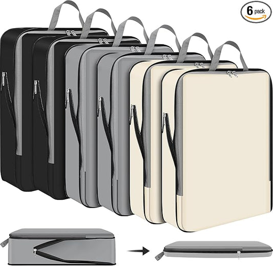 Hosuly 6 Pcs Ultralight Compression Packing Cubes for Travel 17.3 x 12.6'' XL Large Expandable Luggage Organizers for Save Space Family Long Trips (Black, Gray, Beige)
