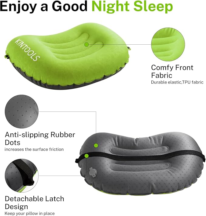Camping Pillow-Compressible, Ultralight Inflatable,Compact, Comfortable, Ergonomic Inflating Pillows for Neck & Lumbar Support While Camp, Hiking(Green,with Anti Slip Straps)