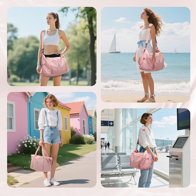WALNEW Travel Duffel Bag, Weekender Overnight Carry On Bag for Women Men, Foldable Waterproof Gym Luggage Duffle Bag with Metal Buckle Detachable Shoulder Strap and Wet Compartment (Pink)