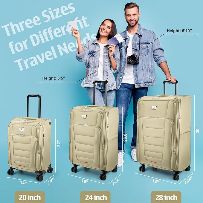 Verdi Luggage Set 3-Piece Suitcase with Spinner Wheel Softside Expandable, Carry On Luggage with USB Port (Khaki, 3-Piece set(20/24/28))