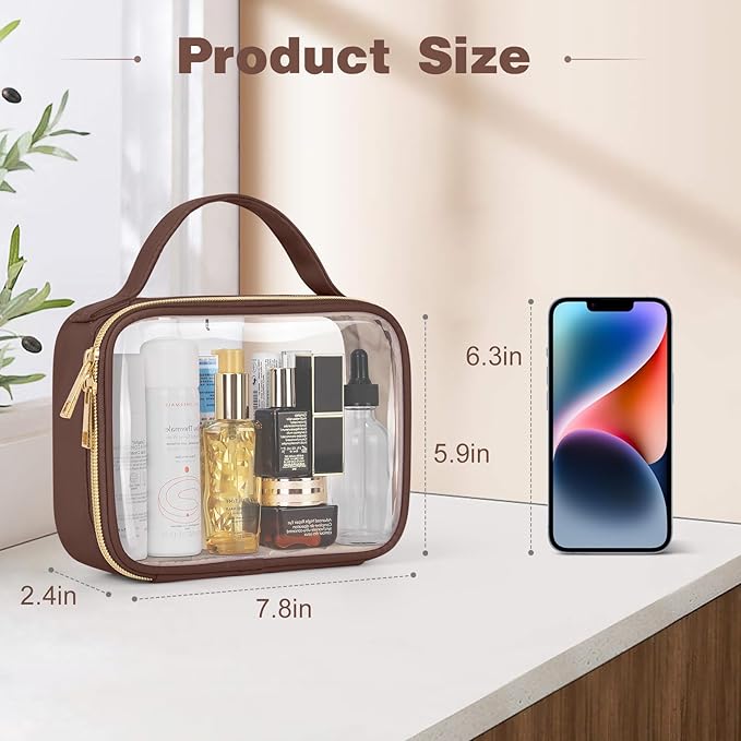 Wedama TSA Approved Toiletry Bag, 2 Pack Clear Makeup Bags with Handles, Quart Size PVC Clear Cosmetic Bags for Women and Men, Carry on Airport Airline Compliant Bag, Brown