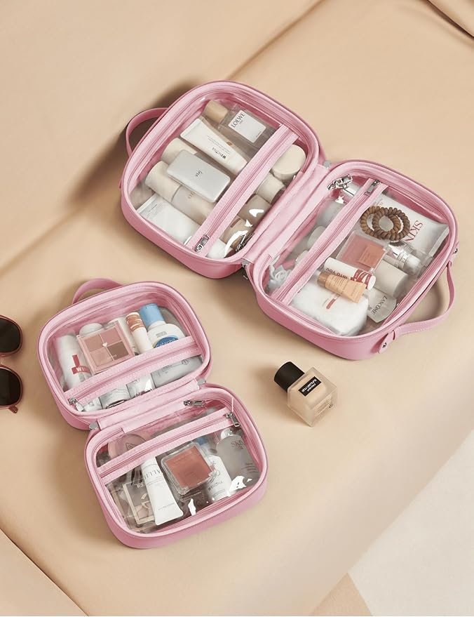 Clear Cosmetic Bag Double Layer Travel Toiletry Bag Clear Makeup Bag Case with 4 Compartments, Transparent Travel Bag for Toiletries, Large Toiletry Bag for Women Cosmetic Case (Pink, Large)
