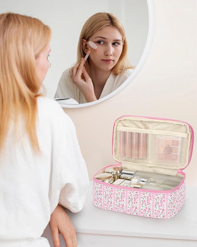 Relavel Cute Makeup Bag for Girls, Portable Pink Cosmetic Bag, Dual-layer Makeup Pouch with Brush Holder, Multi-Functional Preppy Toiletry Organizer for Travel, Daily Use - Pink Flower
