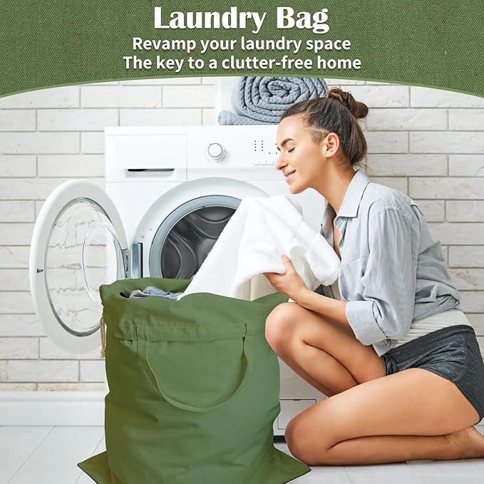 Canvas Laundry Bag 33"Wx 35"H, Thick Cotton Laundry Bag with Handles & Drawstring, Extra Large Heavy Duty Washable Basket Liner Hamper Liner Canvas Storage Sack (XL ArmyGreen)