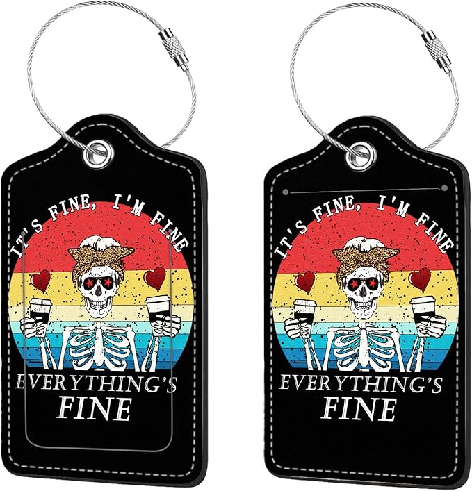 2 Pcs Luggage Tags for Suitcase, Cute Unique PU Leather Travel Bag Tag with Privacy Cover ID Label Address Card and Durable Metal Ring Suitable for Men Women Children Backpack,Human Skull