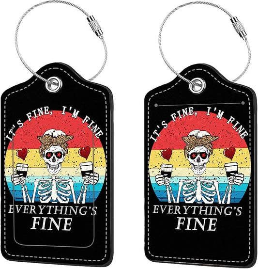 2 Pcs Luggage Tags for Suitcase, Cute Unique PU Leather Travel Bag Tag with Privacy Cover ID Label Address Card and Durable Metal Ring Suitable for Men Women Children Backpack,Human Skull