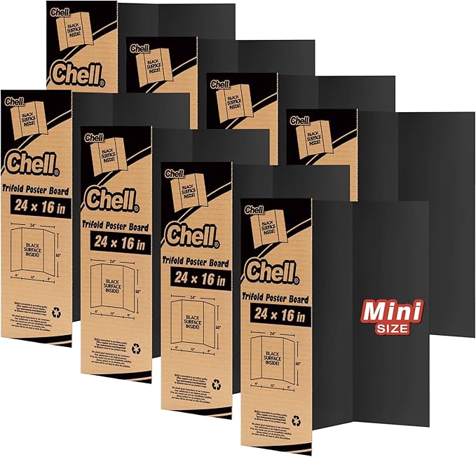 Chell Mini Size Trifold Poster Board, 16" x 24", Small Corrugated Project Boards, Black, 8 Pack