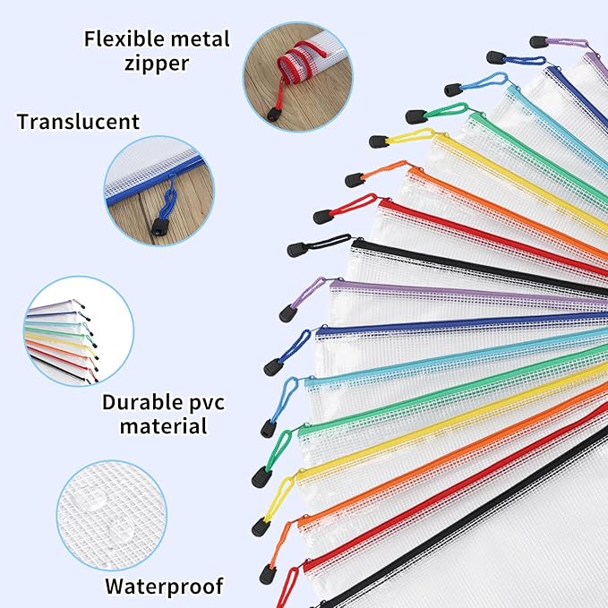 EOOUT 32pcs A4 Zipper Pouch Bags, Mesh Pouch Bags with Labels for Board Games & Puzzles Supplies, Waterproof Document Zipper Cases for School Toys Office Cosmetics Travel Storage,8 Colors