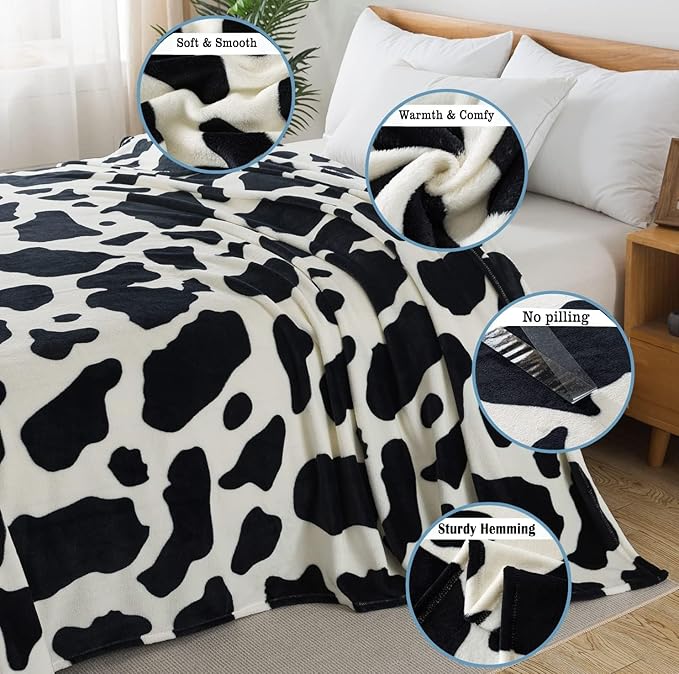 Flannel Fleece Cow Print Blanket Twin Size - Premium Lightweight Anti-Static Super Soft Cozy Plush Cow Blankets, Lightweight Microfiber Winter Warm Throw Blanket 66" x 90"(Black Cow Twin)