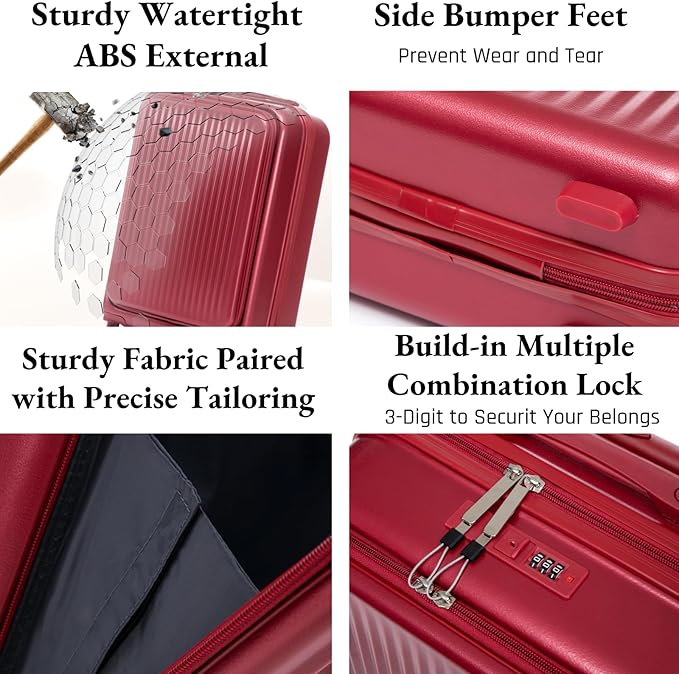 2 Pcs ABS Spinner Luggage Set - 14" Cosmetic Case & 20" Carry-On with Combination Lock, Front Opening Design, Red