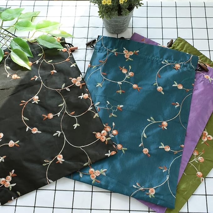 Embroidery Silk Flower Shoe Bag 4Pcs Drawstring Silk Travel Bag Jacquard Underwear Bags Washable Big Sachet Bag Storage Bags for Men Women