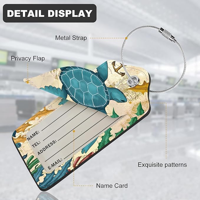 2Pack Luggage Tags for Suitcases, Cute Unique Pu Leather Cruise Luggage Tag with Privacy Cover ID Label Address Card and Metal Ring Suitable for Women Men Kids Travel Bag Turtles