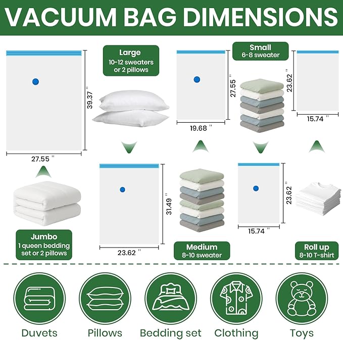 Vacuum Storage Bags,30Pack Vacuum Seal Bags for Clothing,Travel,Clothes,Comforters,Blankets,Pillows-6 Jumbo+6 Large+6 Medium+6 Small+6 Roll Up Space Saving Bag Hand Pump Included