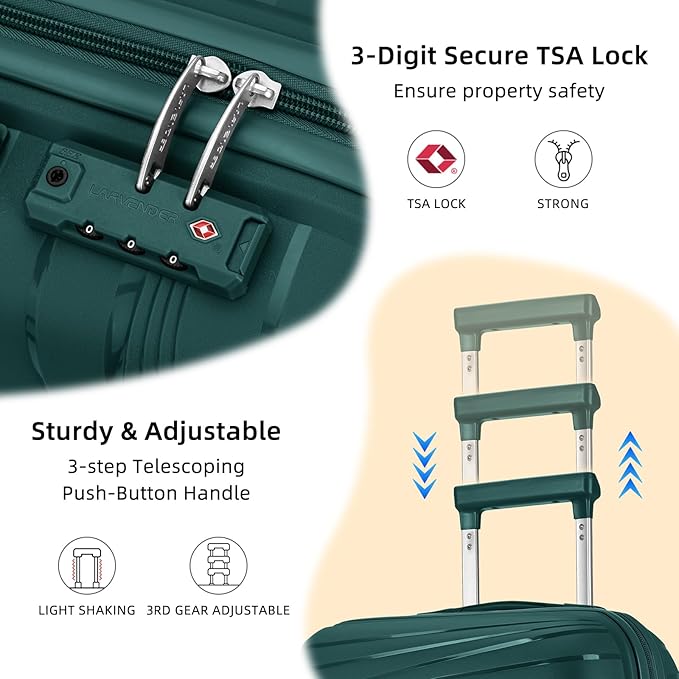 LARVENDER Carry On Luggage 22x14x9 Airline Approved, 20 Inch Hardshell & Lightweight PP Carry On Suitcase for Women with Spinner Wheels TSA Lock, Dark Green