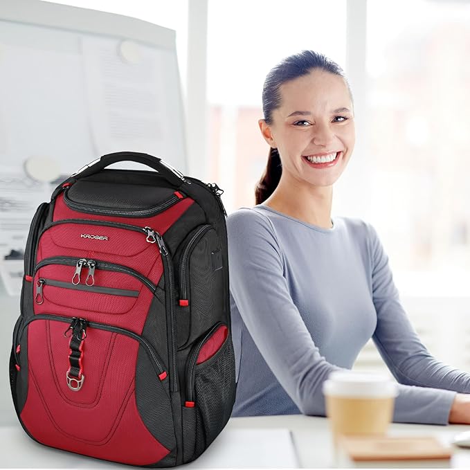 KROSER Friendly Travel Laptop Backpack 17.3 inch XXXL Gaming Backpack Water-Repellent College Daypack Business Backpack with RFID Pockets & USB Port for Men/Women-Black/Red