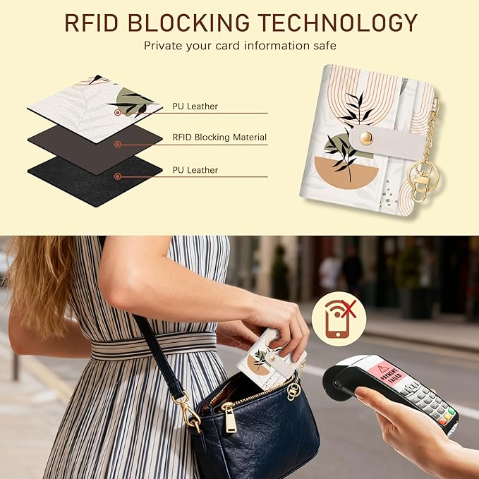 Jogjam Abstract Boho Leaves Rfid Ladies Wallet, Small Slim Thin Compact Credit Card Women Wallet, PU Leather Bifold Cash Zipper Coin Pocket ID Window for Female