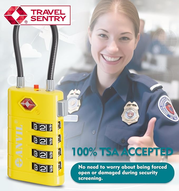 ANVIL 4 Digit Luggage Locks, TSA Locks for Luggage, Advanced TSA008 core, Alert Indicator for Your Travel Lock, Suitcase Lock.(2, Yellow)