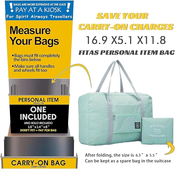 Foldable Travel Duffel Bag Tote Carry on Luggage Bag Spirit Airlines Personal item Sports Gym Bag Water Resistant Weekender Overnight Bags for Women and Men (Green)