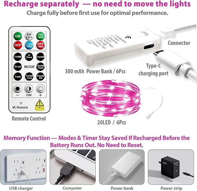 HXWEIYE 6 Pack Rechargeable Fairy Lights with Remote, 7ft 20LED | Battery Operated, 8 Modes & DIY Timer, Mini Twinkle String Light for Mason Jar Wedding Table Wreath Christmas,Pink