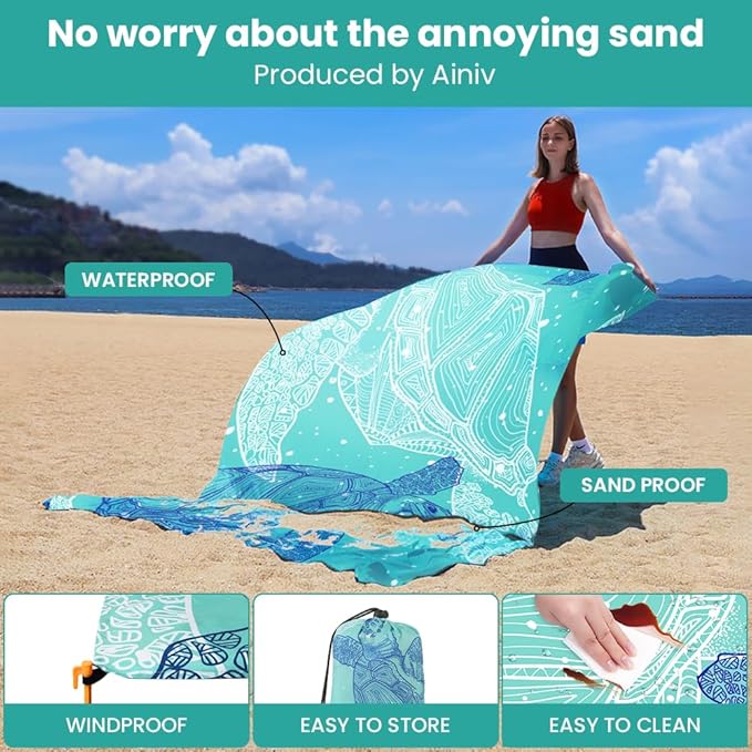 Ainiv Beach Blanket, Large Picnic Mat 210 x 200 cm (4-6 People) Foldable, Sandproof Waterproof, Camping Outdoor Blanket with 6 Fixed Nails for Beach, Hiking, Picnic