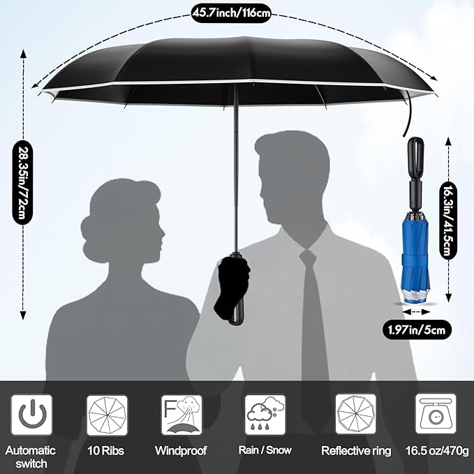 Windproof Compact Travel Umbrella,Large Strong but Light Portable and Automatic Folding Rain Umbrella, small inverted for travel size