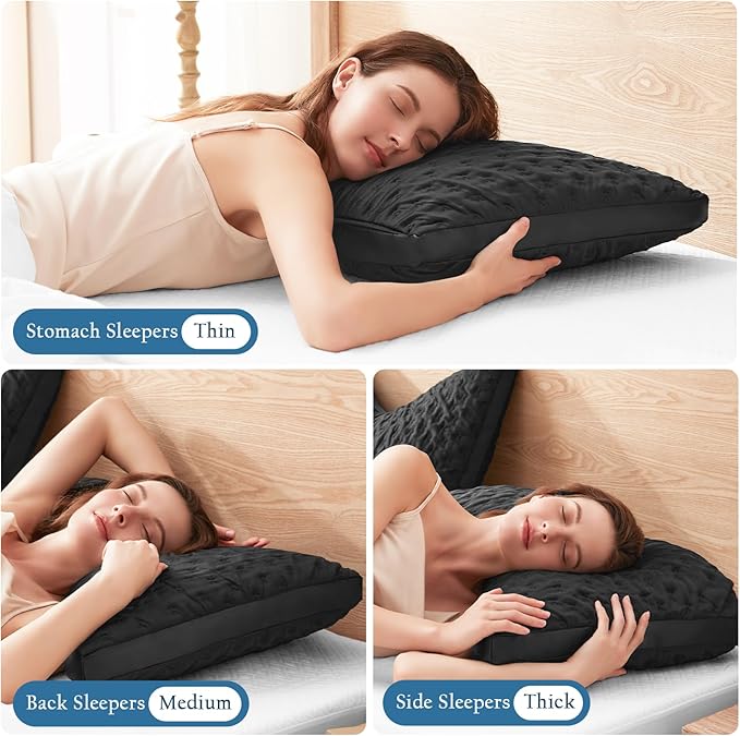 Cooling Contour Pillow for Side and Back Hot Sleepers Curved Pillow for Neck and Shoulder Pain Relief – Adjustable Shredded Memory Foam Pillow with Washable Cover Black, Black Queen Size