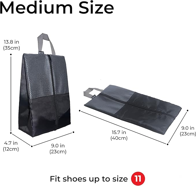 Shoe Bags For Travel, Used As For Storage or Shoe Travel Bag, Space Saving When Travelling With This Travel Shoe Bags For Packing, Featuring Waterproof Nylon Sneaker Bag (Black, 2 Pack, Medium)