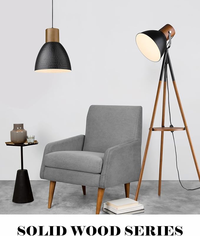 ELYONA Hammered Pendant Light, 10.2” Industrial Hanging Lamp with Solid Wood & Metal Shade, Modern Pendant Light Fixtures for Kitchen Island, Bar, Farmhouse Dining Room, Bedroom, Living Room, Black