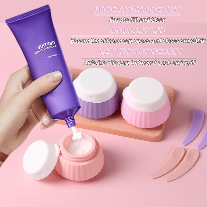 4 Pack Travel Size Silicone Cream Containers, Leak Proof Refillable Toiletry Bottles for Toiletries with 4 Scoops, Labels and Clear Bag, Suitable for Travel Shampoo and Conditioner Bottles (A)